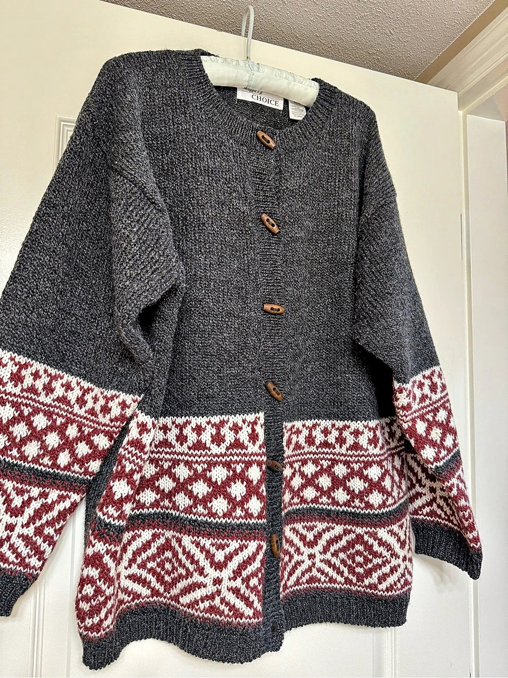 Vintage Maggie's Choice Fair Isle Geometric Cardigan in Gray & Red